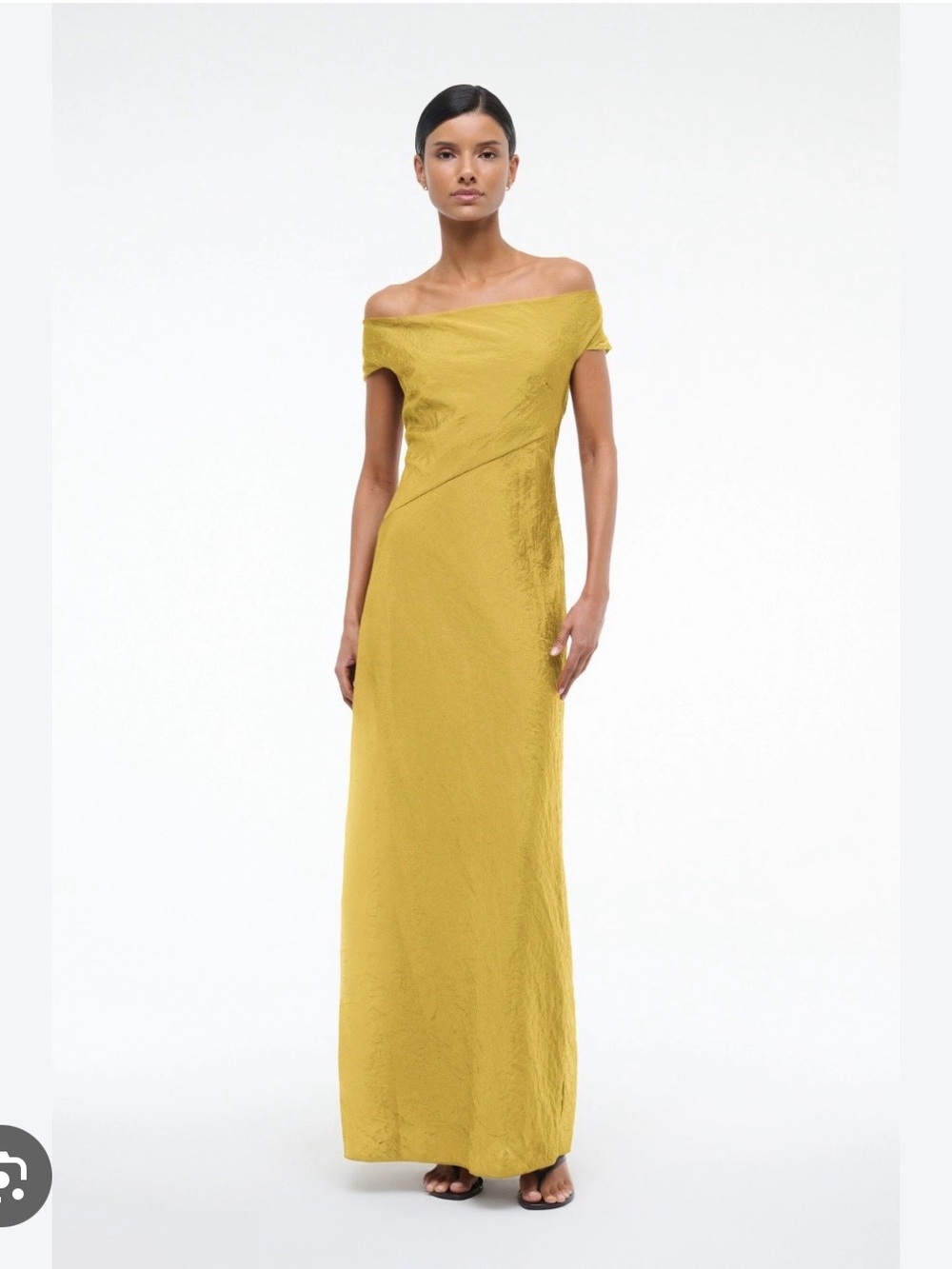 STAUD Off-Shoulder Cheyenne Dress Chartreuse/Mustard Yellow Strapless Gown